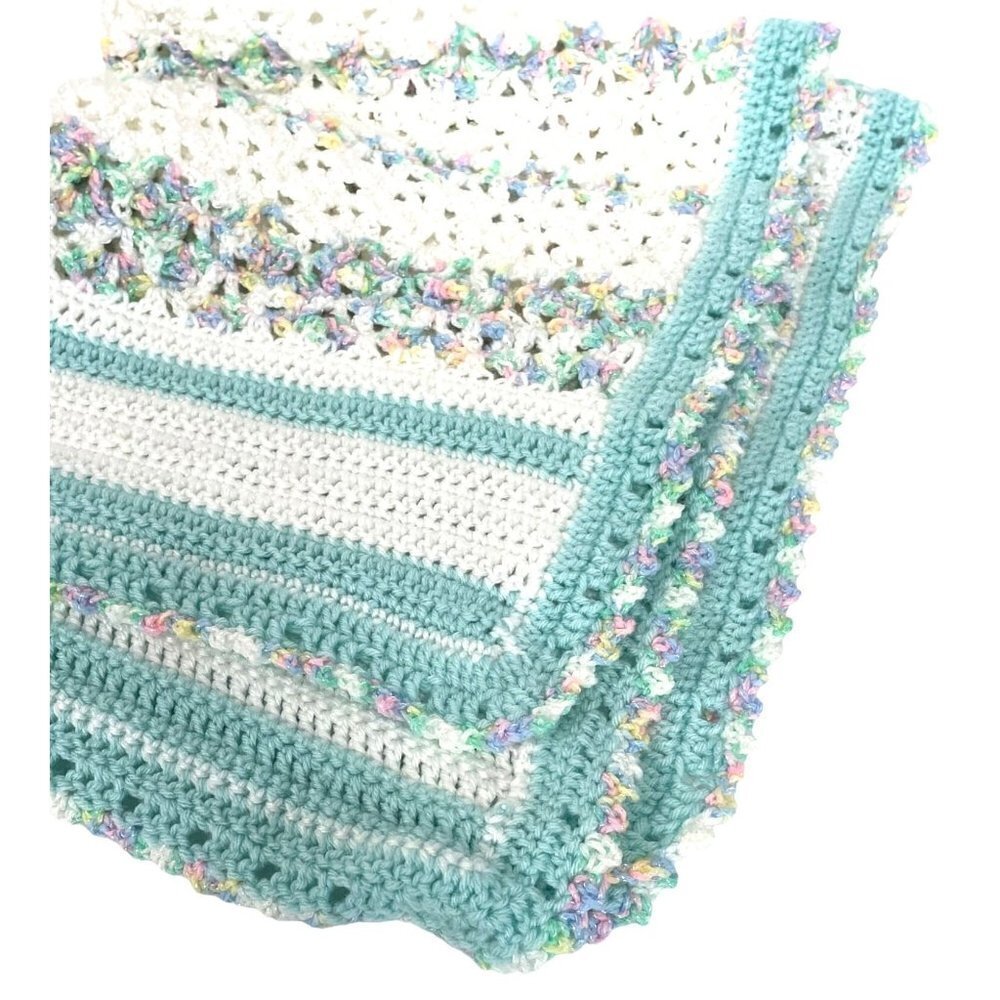Handmade Crochet Baby Blanket Stripe Pastels‎  34" x 30"
